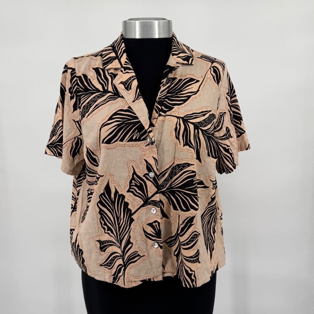 Panama Jack Womens Medium Camp Shirt Tan Black Tropical Leaf Linen Blend